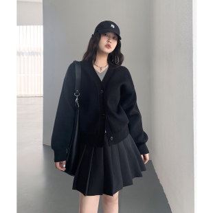 CV大码女装 早秋新款小众假两件V领毛衣开衫显瘦长袖针织衫上衣女