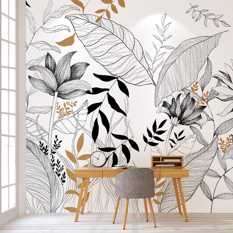 北欧抽象线描植物壁画客厅沙发背景墙板黑白叶子餐厅酒店装饰壁布