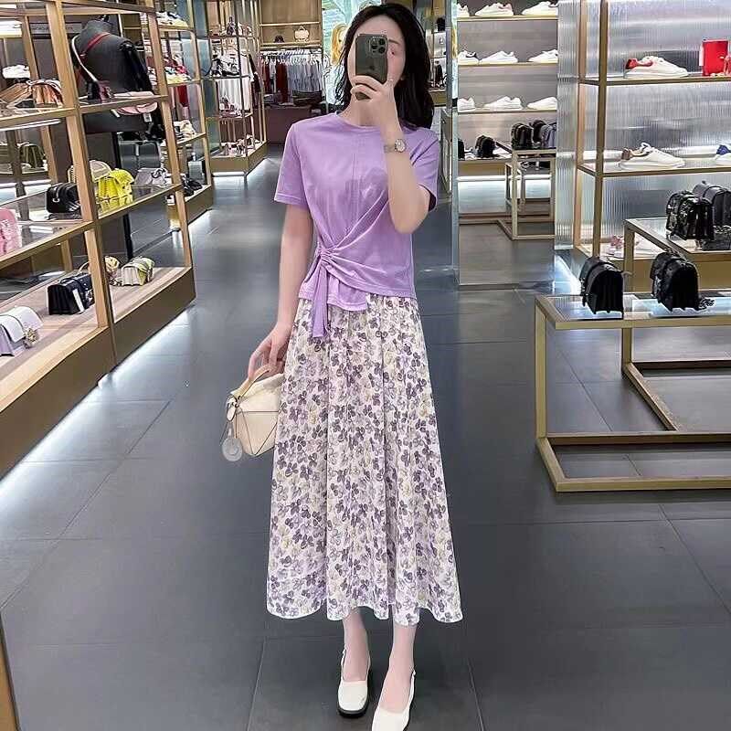 今年流行紫色碎花半身裙大码高腰显瘦雪纺裙气质垂感中长款a字裙