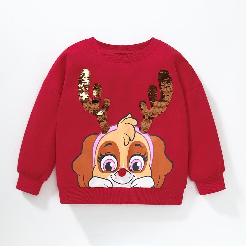 2023秋装女童套头红色圣诞卫衣小童长袖T恤上衣纯棉宝宝打底体恤8