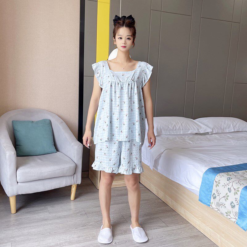可爱无袖加大码睡衣女胖mm200斤纯棉背心短袖夏季薄款家居服套装