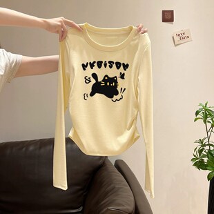 正肩大码秋季复古奶系色纯棉长袖T恤女收腰褶皱微胖辣妹装打底衫