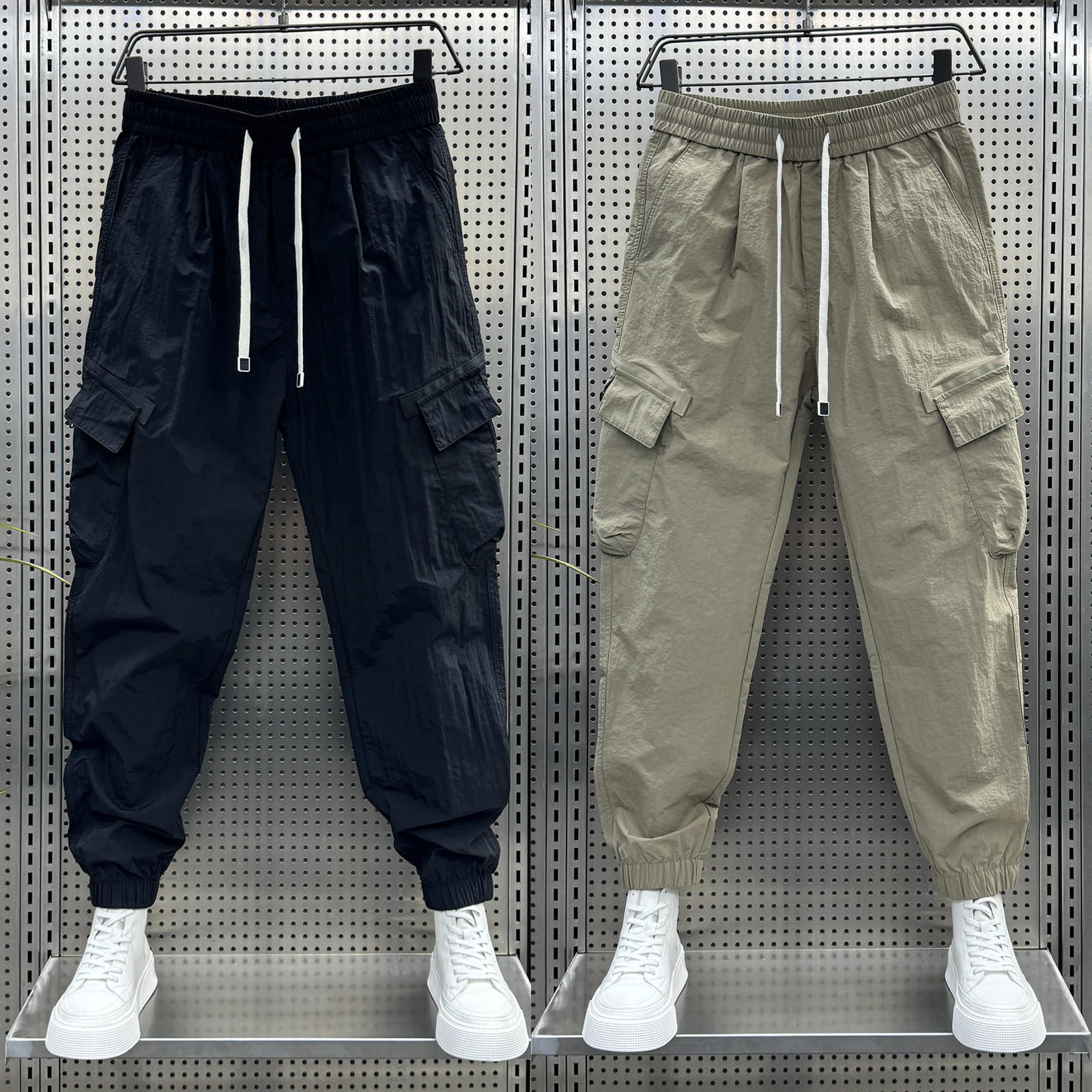 夏季新款户外速干工装裤男潮牌宽松束脚多口袋九分纯色休闲运动裤