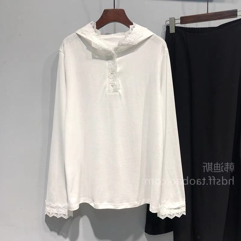 大码300斤欧货连帽长袖T恤男女蕾丝花边拼接春秋防晒纯色上衣薄款