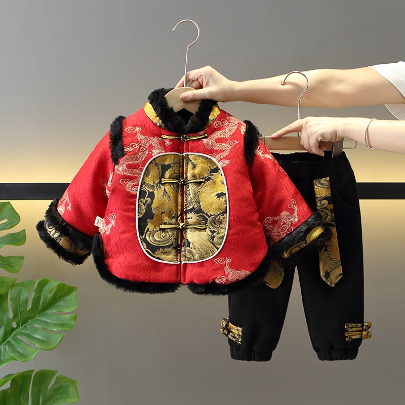 儿童新年套装男童汉服冬装宝宝加绒唐装礼服男孩中国风加厚拜年服