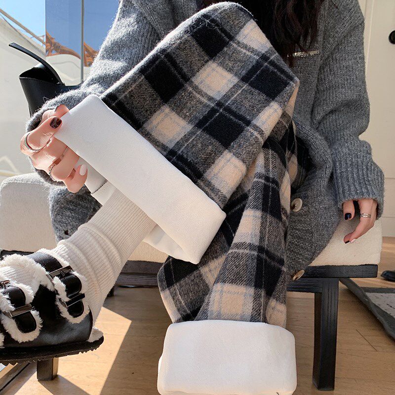特大码女装黑白格纹加绒休闲裤子女冬季保暖棉裤直筒卫裤毛呢女裤