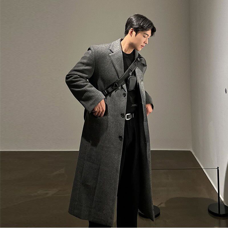新品冬季加厚简约毛呢大衣男款中长款过膝单排扣保暖呢子风衣外套