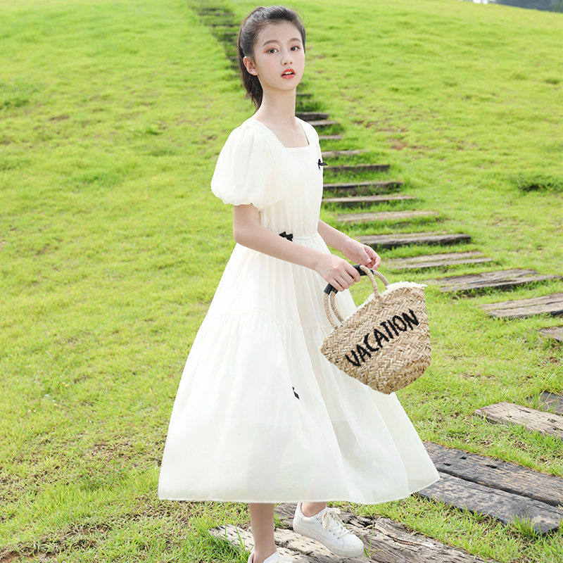 女童连衣裙夏季儿童洋气雪纺长裙女大童夏装女孩泡泡袖公主裙子潮