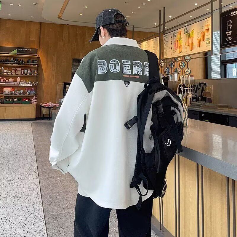 特大码300斤拼色衬衣外套男春秋新款衬衫式夹克宽松青少年秋衣服2