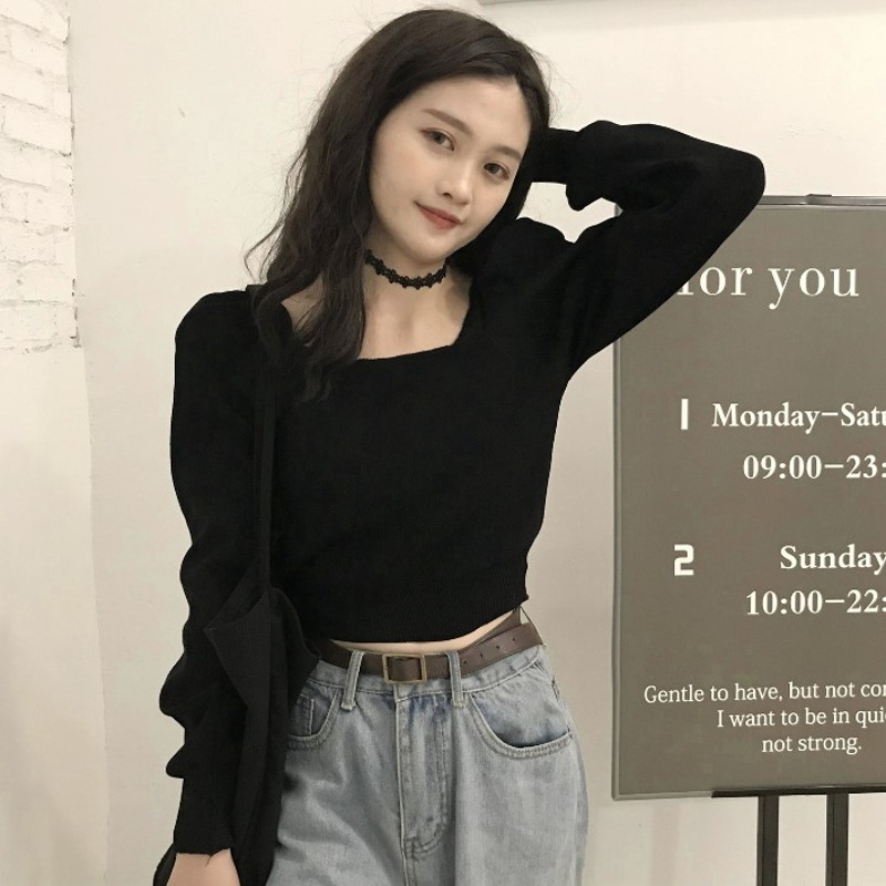 大码胖妹妹显瘦针织衫春秋新款方领上衣慵懒风内搭打底衫长袖毛衣