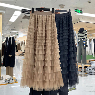 重工层层拼接网纱蛋糕裙半身裙2022秋季 仙女纱裙a字百褶长裙 新款