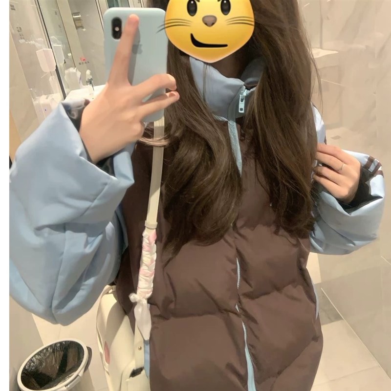 美式高街撞色拼接条纹棉服外套女冬季学生慵懒风防风保暖面包服潮