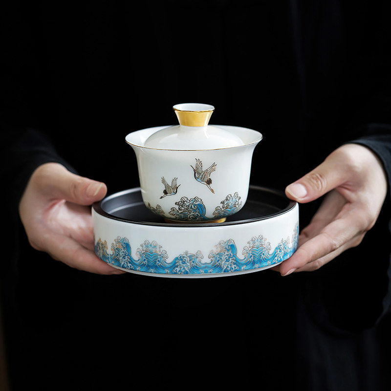盖碗茶杯单个羊脂玉白瓷家用大号陶瓷敬茶碗可蓄水小茶盘干炮壶承