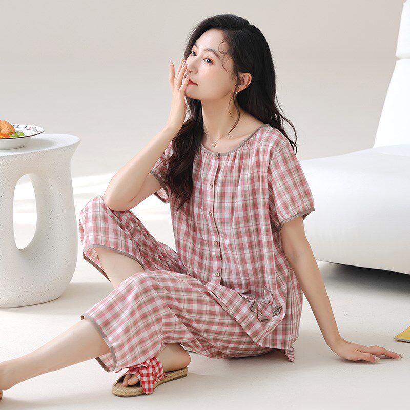 梭织纯棉纱布睡衣女士短袖八分裤开衫全棉中裤薄款夏季家居服套装