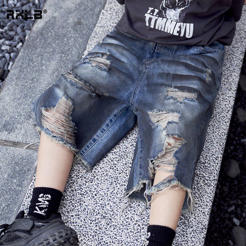 做旧脏脏破洞男童柔软牛仔中裤夏季短裤2024新款儿童毛边百搭裤薄