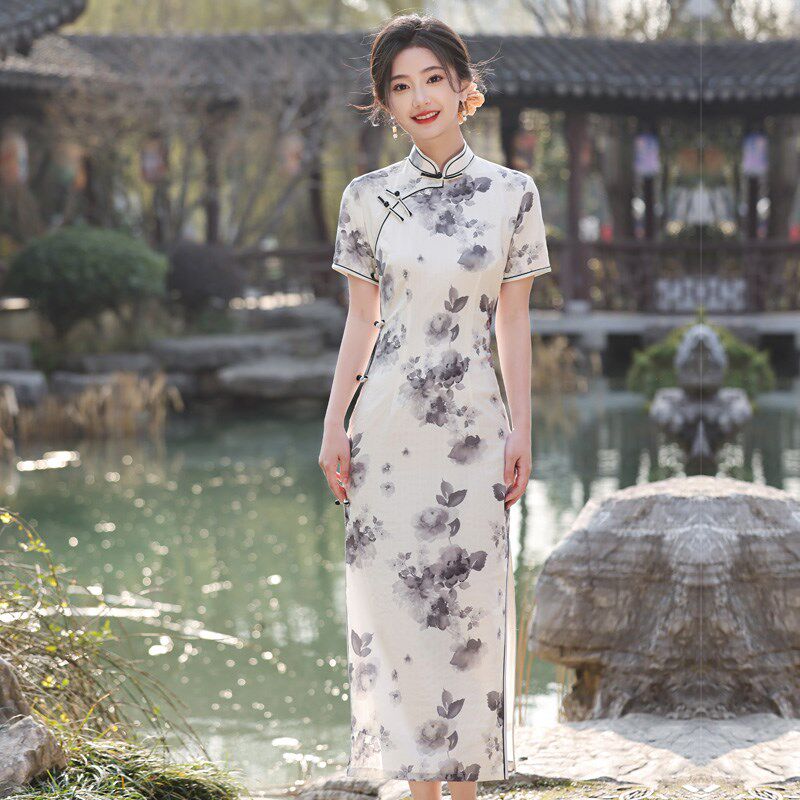 长款旗袍女夏季新中式年轻款复古国风少女改良连衣裙优雅日常礼服