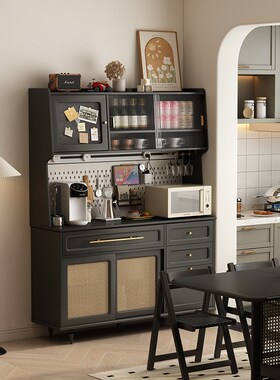 黑色实木直饮机餐边柜靠墙一体高柜酒柜咖啡工作台藤编收纳柜落地