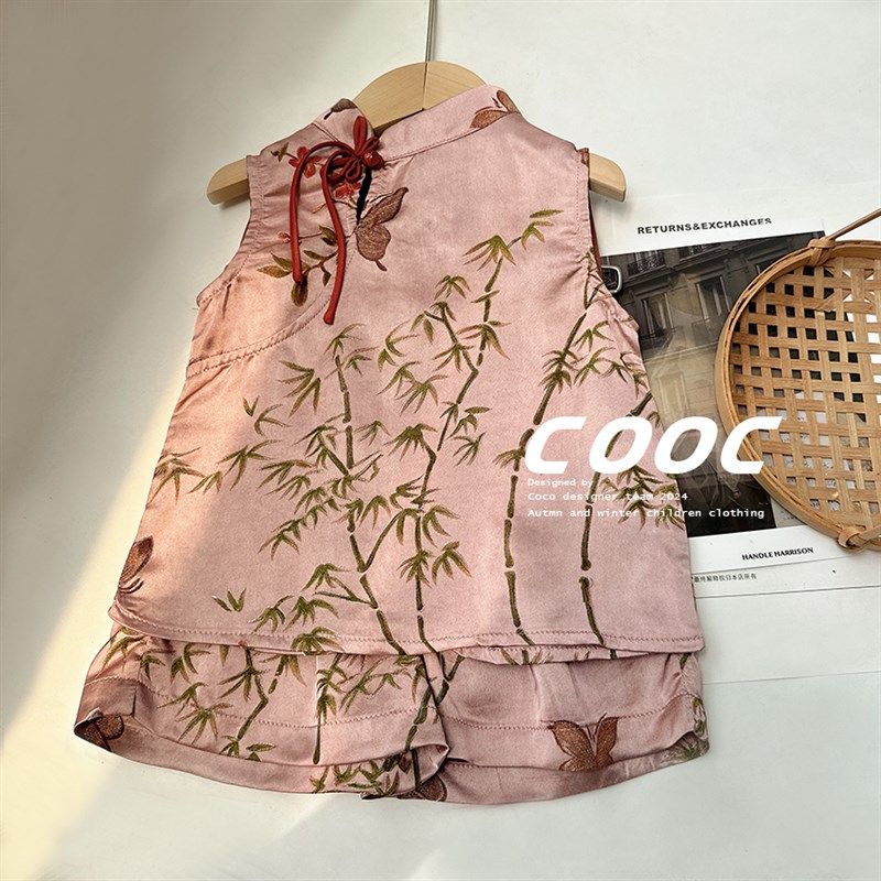 夏季新款女童粉色新中式旗袍套装女宝宝国风汉服两件套清凉感夏装