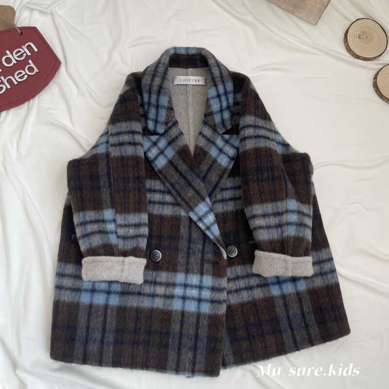 韩国童装男童外套2024秋冬新款洋气儿童格子双面羊毛大衣西装潮