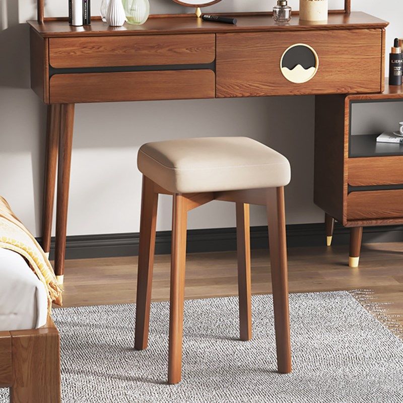 实木梳妆凳家用矮凳子加厚可叠放高凳餐桌凳化妆椅软包方凳