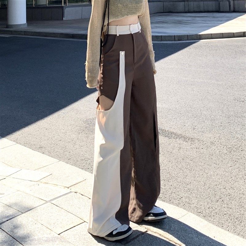 300斤特大码女装撞色西装裤不规则拼接设计胖mm高腰直筒休闲女裤