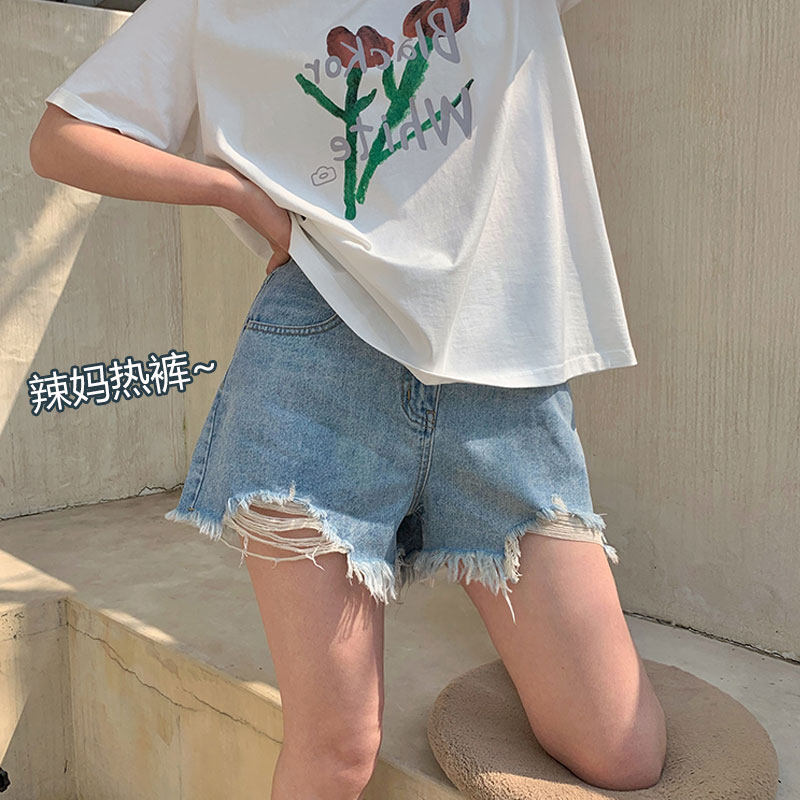 孕妇牛仔短裤外穿夏季薄款时尚毛边不规则宽松蓝色托腹休闲热裤子