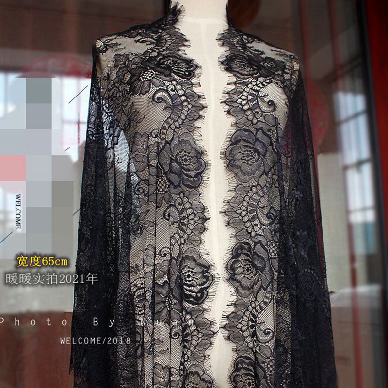 法国精品 黑色提花睫毛蕾丝花边网纱布料 服装定制蕾丝面料宽65CM