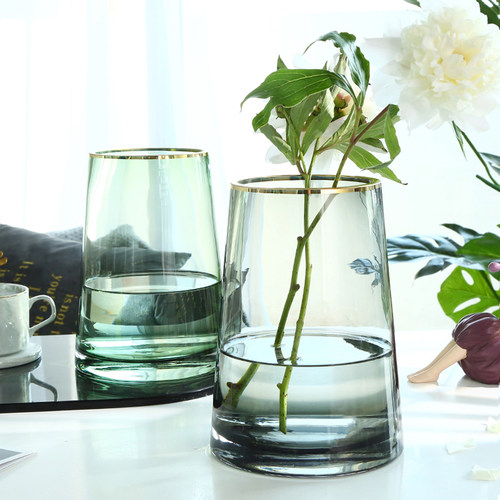 北欧轻奢风描金T形透明玻璃花瓶样板间装饰摆件水养鲜花插花花瓶