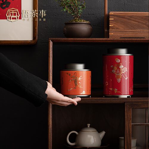 悟茶事鸿运陶瓷茶叶罐大小号双重锡盖密封罐茶叶储存罐家用储茶罐