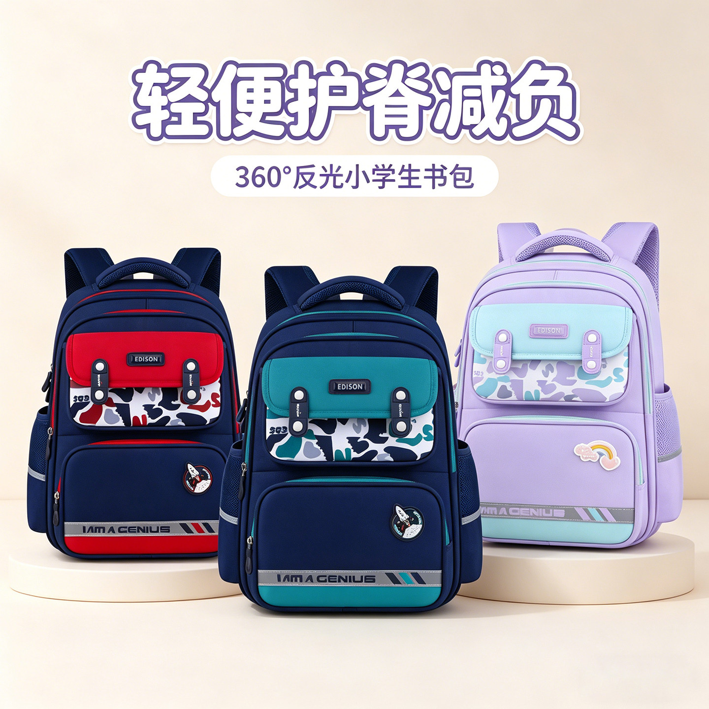 爱迪生护脊减负反光小学生书包