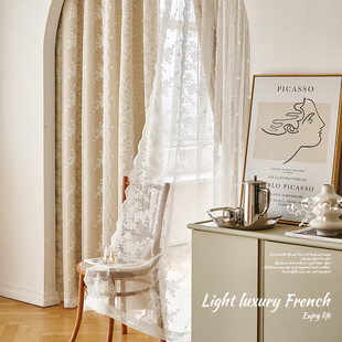 蕾丝法式2022窗帘卧室遮光公主风儿童房女孩门帘隔W断梦幻双层纱