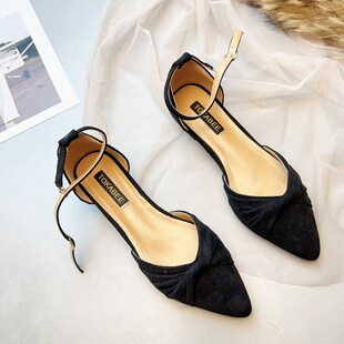 凉鞋女春夏季2025新款粗跟x单鞋尖头低跟3CM一字扣小跟工作鞋黑色