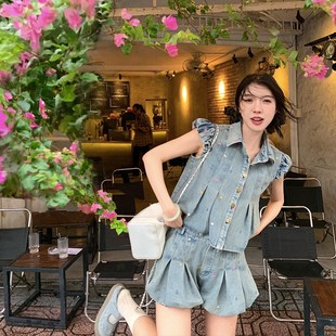 花花同学会 女2024新J款 渔小平 牛仔套装 两件 夏装 搭配一整套时尚