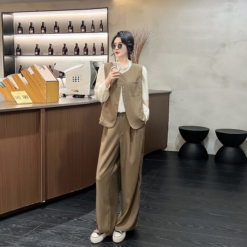加肥口袋马甲长袖衬衫阔腿长裤三件套H胖妹妹韩版时尚洋气显瘦显