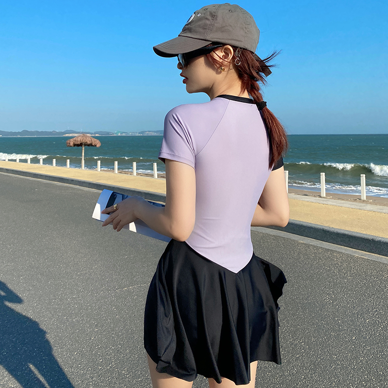 拼色泳衣女微胖女孩2023新款保守分体大码运动平角泡温Z泉游泳装
