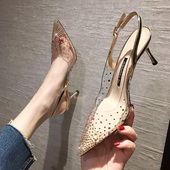 凉鞋 细高跟女细跟水 网红百搭尖头水钻一字扣女鞋 202c1年新款 夏季