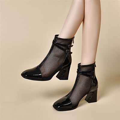 2024新款凉鞋女款夏季马丁靴高跟E网靴网纱镂空短靴女鞋2856
