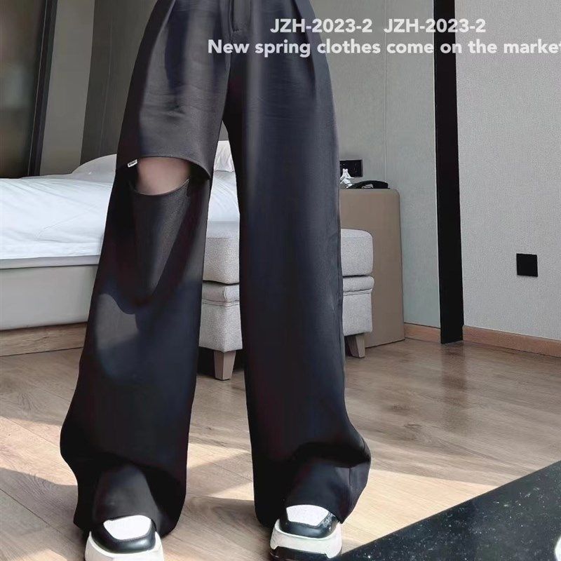 欧货夏季薄款设j计感黑色休闲拖地裤宽松西裤女小众独特直筒阔腿
