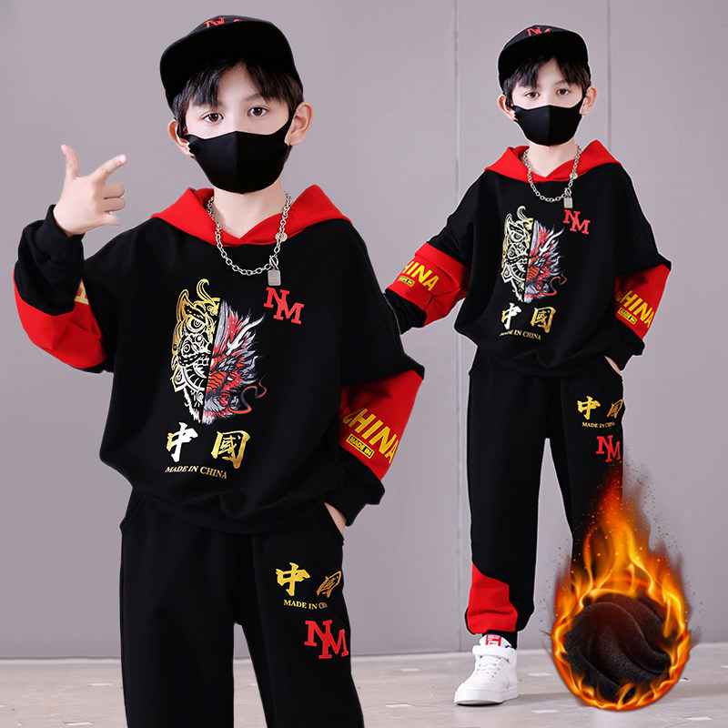 男童秋冬加绒卫衣套装2023新款国潮童装男孩炸街儿童衣服龙一体绒