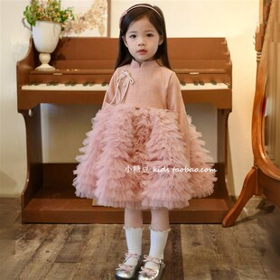 女童新中式网纱蓬蓬连衣裙2024秋冬新款女孩粉色公主裙加绒生日裙