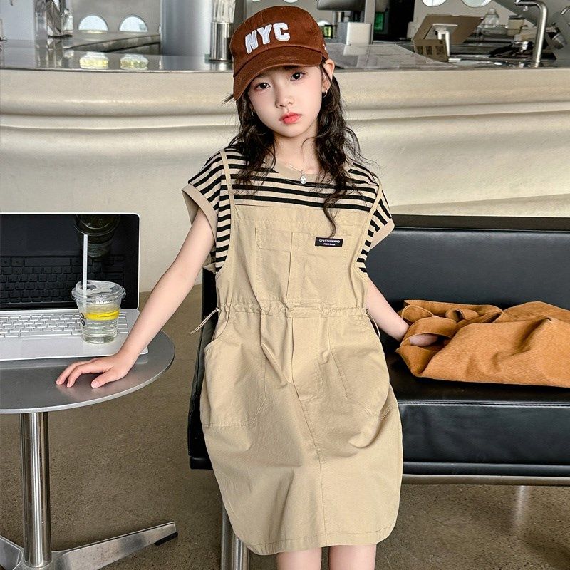 女童连衣裙夏款2024新款女大童纯棉假两件韩版体恤裙儿童裙子夏装