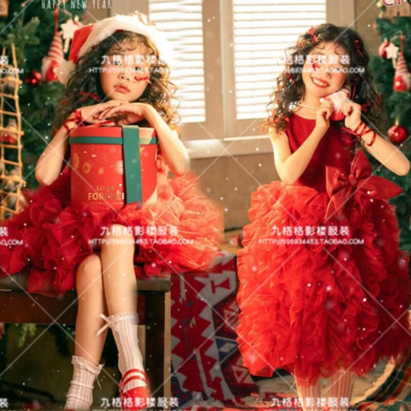 影楼拍照女童红色连衣裙新年礼服潮童舞台走秀幼儿园圣诞节演出服