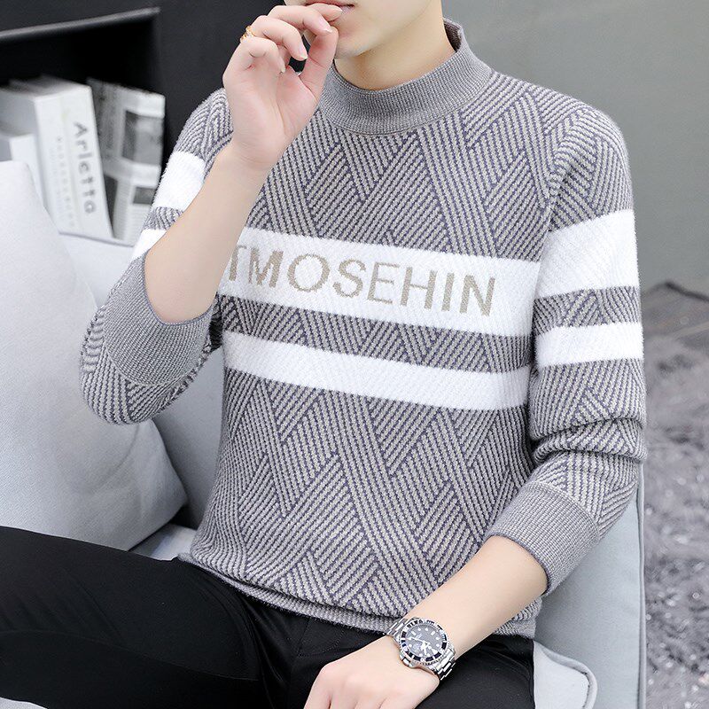 男士拼色半高领毛衣秋冬季编制提花加厚针织打底衫内搭中领线衣潮