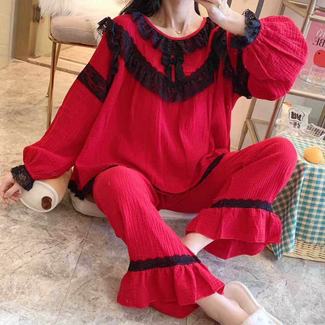 睡衣女春秋冬纯棉蕾丝宫廷风甜美娃娃衫本命年新婚本命年大码睡衣