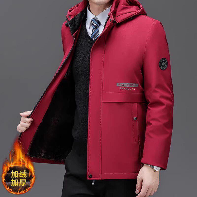 爸爸本命年红色棉衣加绒保暖可拆卸帽中老年男棉服酒红色外套上衣