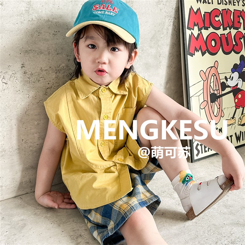 韩版儿童短袖衬衣2025夏季新款宝宝无袖衬衫小童上衣男童夏款套装