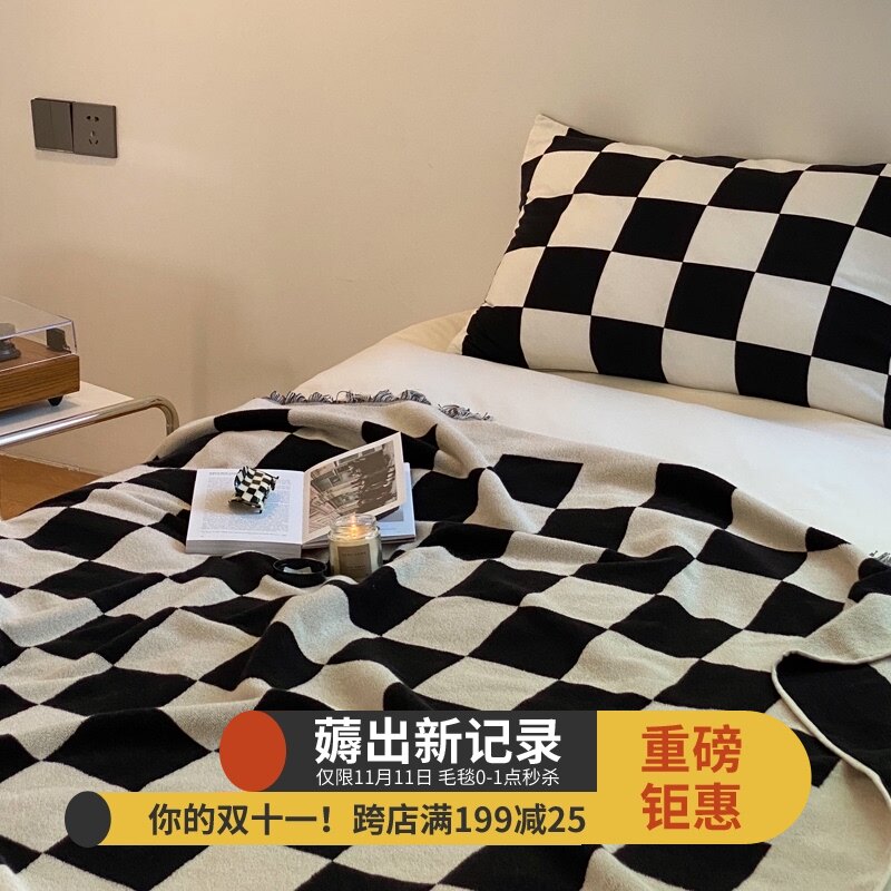 黑白棋盘格全棉毛巾毯小毛毯子薄款单人沙发盖毯办公室午睡披肩毯