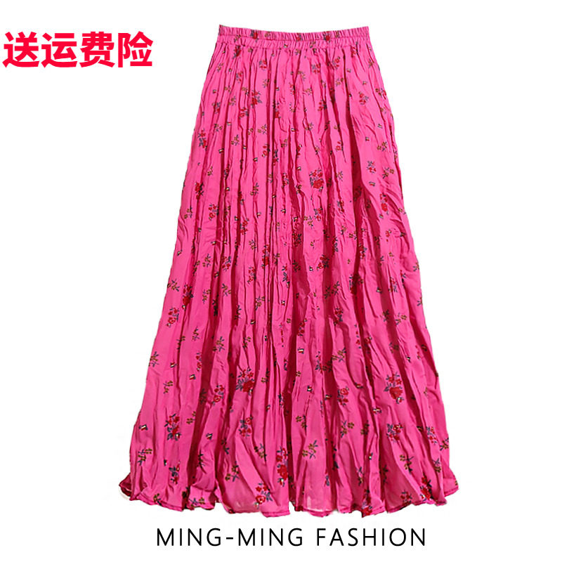 玫红色碎花半身裙女夏季新款树莓粉色裙子花裙百褶裙褶皱半裙长裙