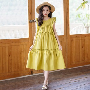 大码女童连衣裙2024新款夏款公主裙文艺范森系淑女背心裙无袖长裙
