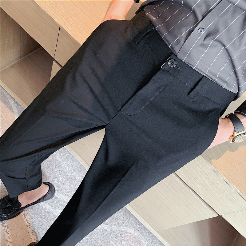 男士时尚刺绣休闲裤子韩版修身小脚西裤商务修身弹力坠感九分裤男